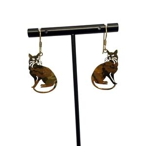 Wild Bryde Hammered Brass Sitting Cat Dangle Earrings Gold Tone Handcrafted USA